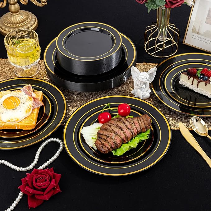 100PCS Black Plastic Plates, 10 Inch Disposable Dinner Plate Party with Gold Rim, Heavy Duty Disposable Plastic Plates for Party, Wedding and Birthday