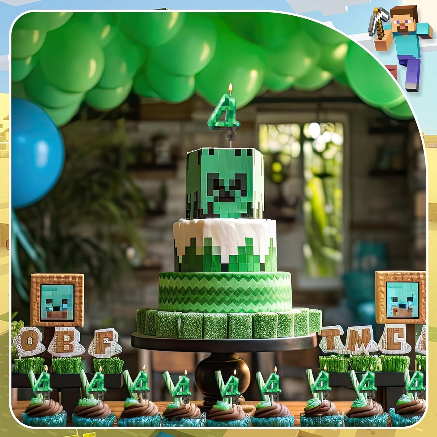 TNT Themed Birthday Cake Candle Number 4 Dynamite Themed Green Candle Cake Topper for Pixel Theme Birthday Party Decoration