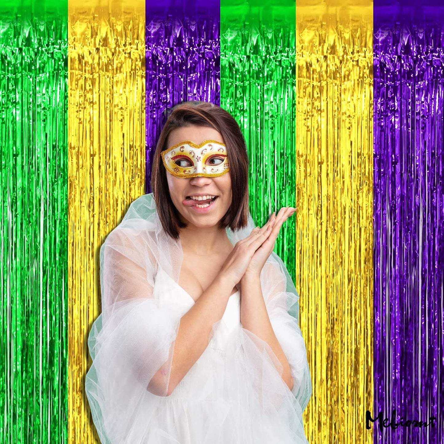 4 Pack 3.2Ft x 6.6Ft Mardi Gras Fringe Curtain Backdrop, Gold Green Purple Metallic Tinsel Foil Fringe Streamers Curtains Background for Photo Booth Birthday Wedding Carnival Party Decorations