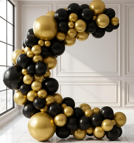 Balloon Garland Arch Kit – 146 Pcs Black, Metallic Gold & Confetti Balloons for Baby Shower, Birthday, Gender Reveal, Wedding Party – DIY Kit by Vellax™