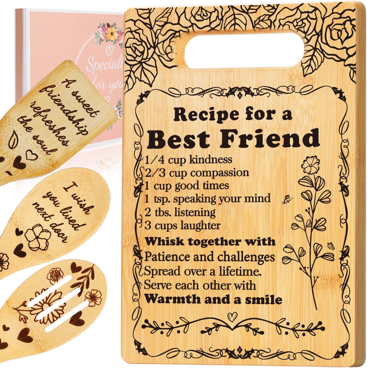 Best Friend Birthday Gifts Cutting Board Set, "Recipe for a Best Friend" Friendship Gifts for Woman Engraved Utensil Friends Gifts for Women Bff Bestie Soul Sister Birthday Mothers Day