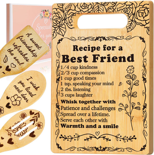 Best Friend Birthday Gifts Cutting Board Set, "Recipe for a Best Friend" Friendship Gifts for Woman Engraved Utensil Friends Gifts for Women Bff Bestie Soul Sister Birthday Mothers Day
