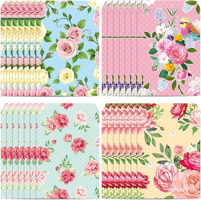 Tinlade 100 Pcs Tea Party Gift Bags 5 x 7 Inch Spring Party Treat Pouch Floral Paper Favor Bag Self-adhesive Floral Candy Pouches for Tea Wedding Bridal Shower Birthday Mother's Day Supply (Flower)