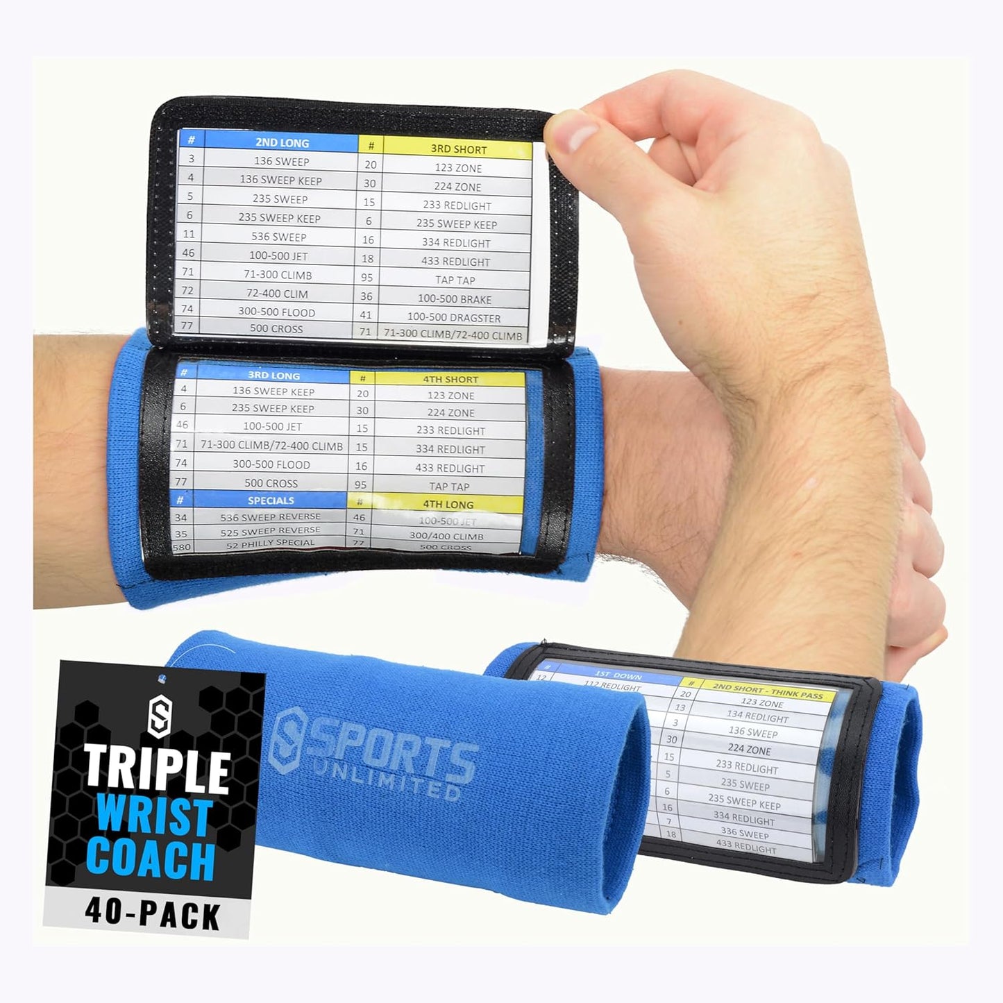 Sports Unlimited Adult Triple Wrist Coach, Football Wristbands for Plays, Baseball Wristbands, QB Arm Bands
