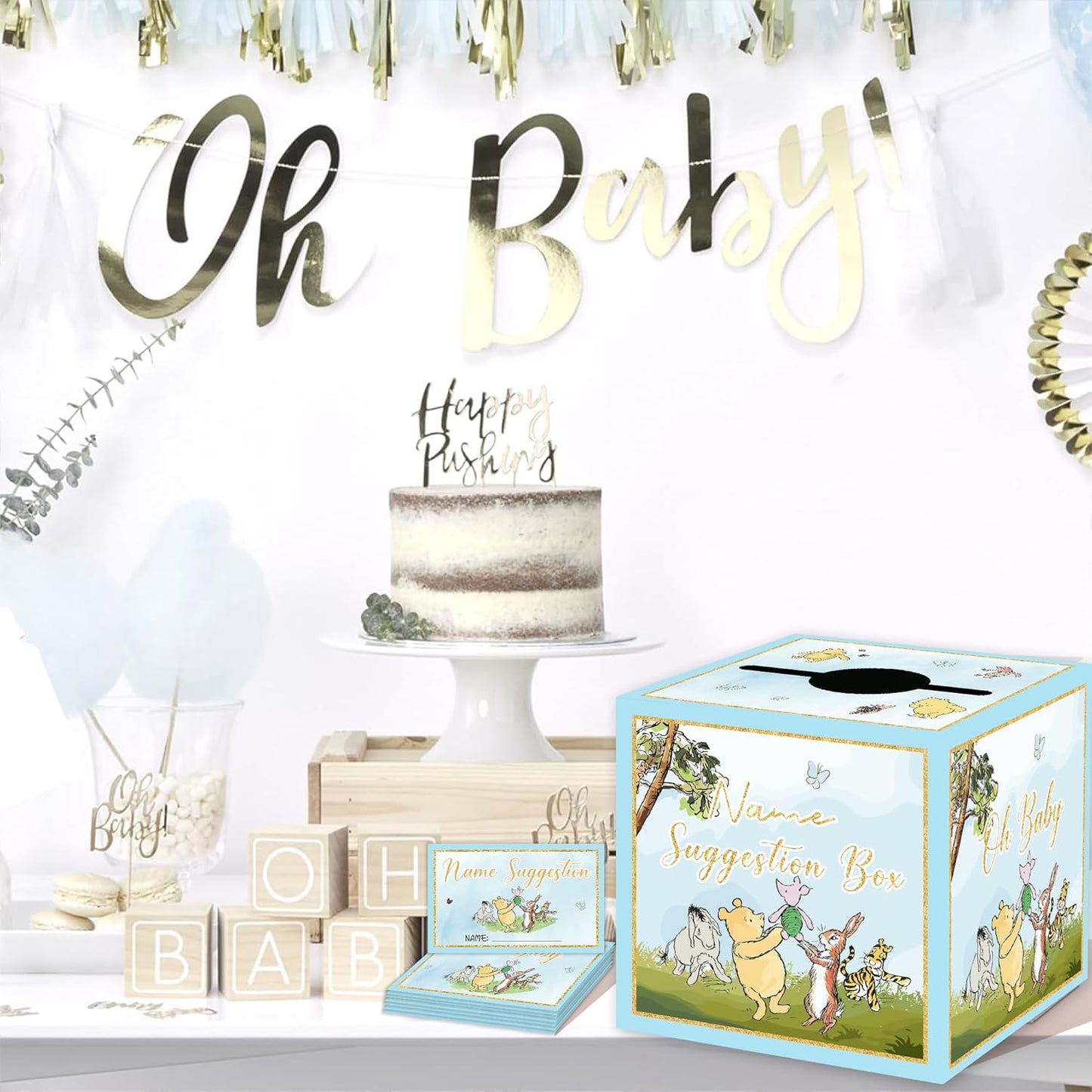 Winnie Baby Shower Decorations-the Pooh Baby Shower Games-Winnie Party Decorations-Baby Name Suggestion Cards with Box-Baby Name Suggestion Cards,blue