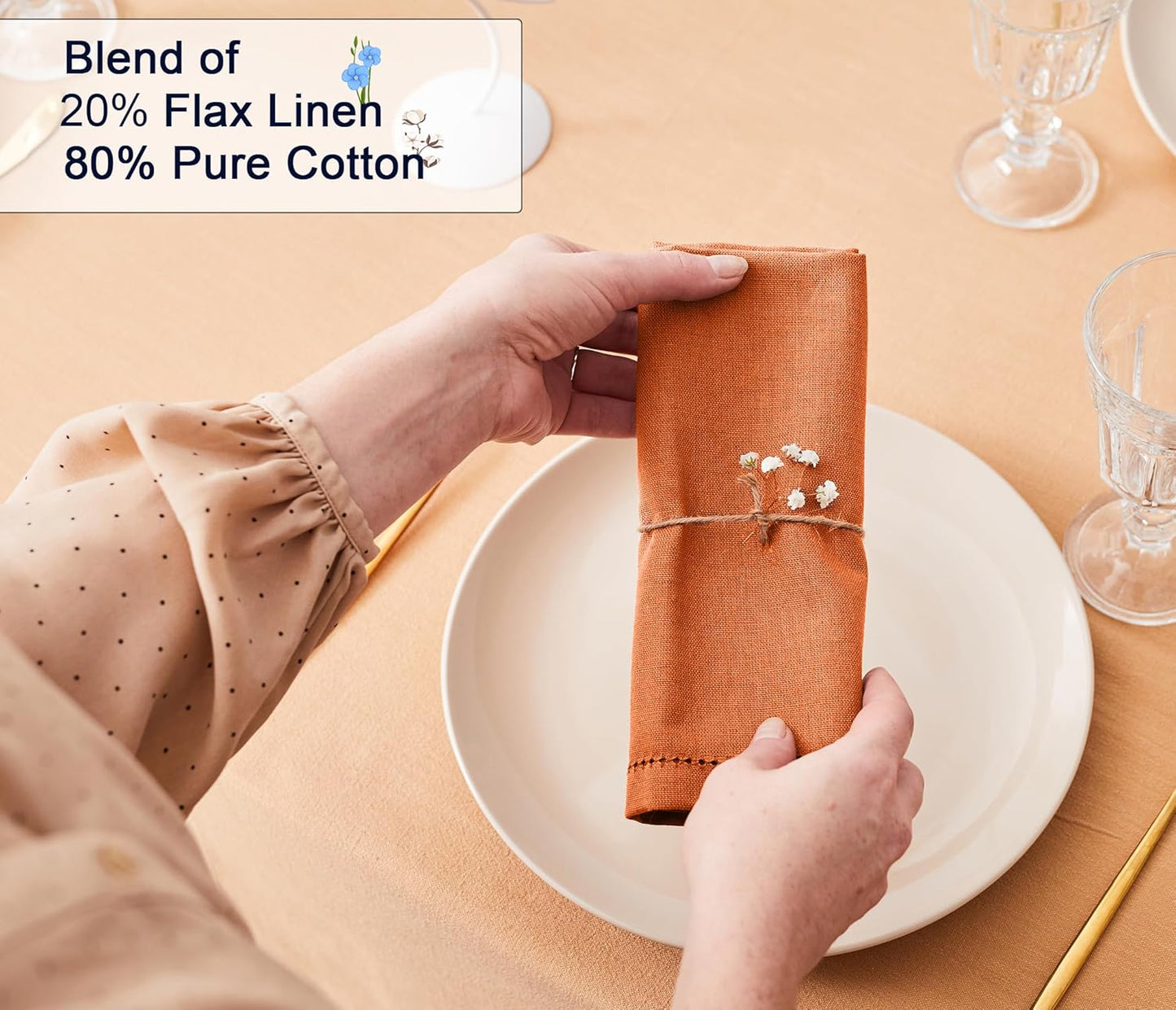 Ruvanti Premium Linen Napkins Set of 4-20x20 Inch, Classic Hemstitch, Mitered Corner Cloth Napkins ‎‎- Soft, Elegant Dinner Napkins Cloth Washable for Weddings, Parties, Everyday Use - Fall/Orange