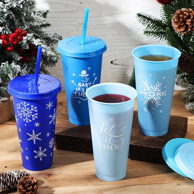 24 Pcs 25 oz Snowflake Party Favors Cups Bulk Blue White Frozens Cups with Lid and Straw Reusable Plastic Tumblers for Winter Theme Holiday Birthday Wonderland Party Supplies