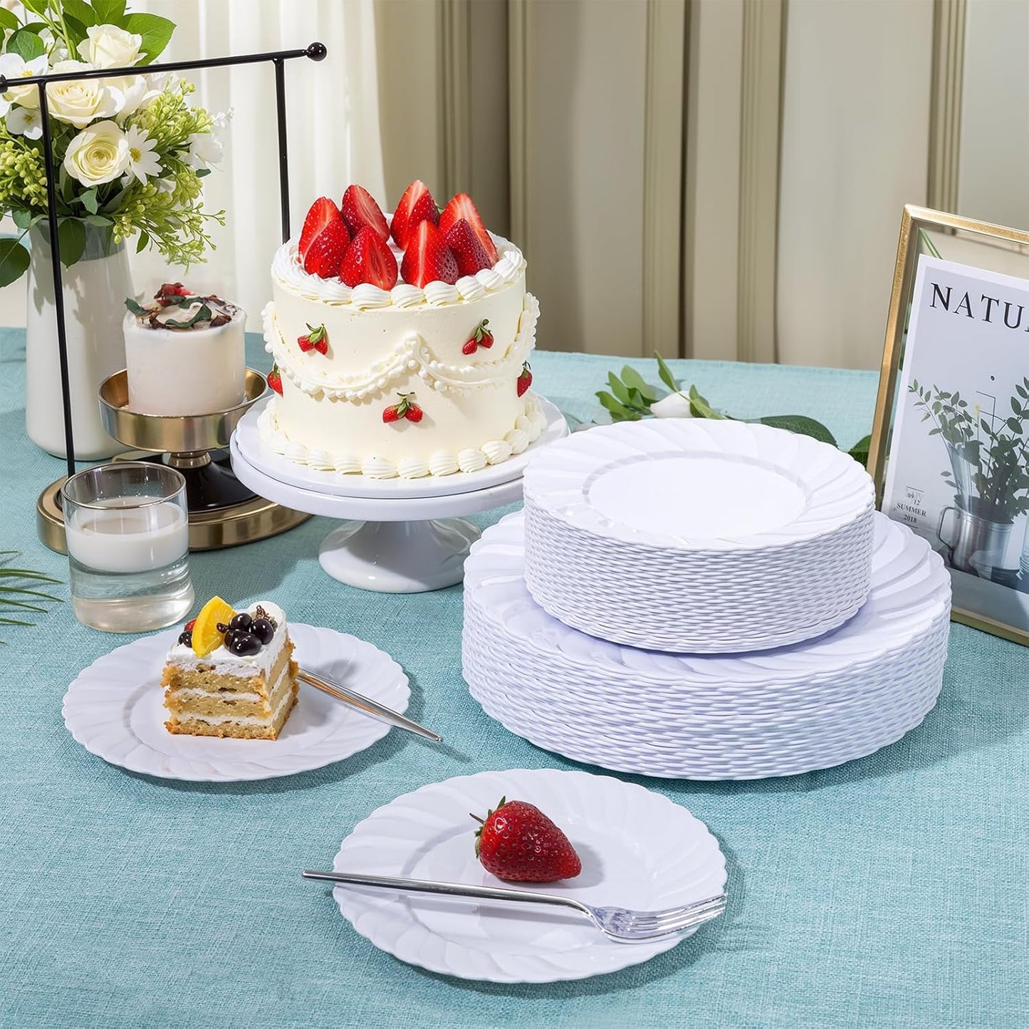 U-QE 60 Pcs White Plastic Plates for Party – Scalloped Plastic Plates Heavy Duty & Elegant – Include 30 10" Dinner & 30 7" Dessert Plate - Perfect for Weddings, Bridal Showers and Parties