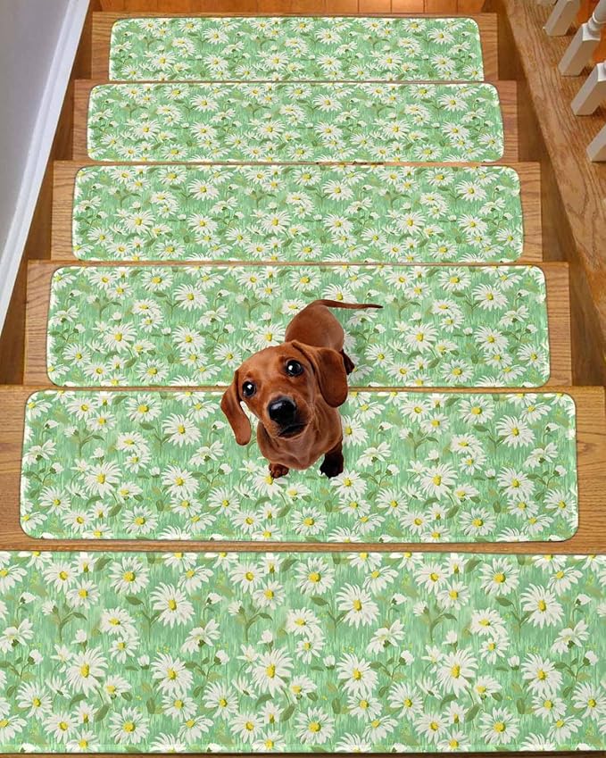 Spring Flowers Stair Treads Non Slip for Wooden Steps Watercolors White Daisy Green Field Botanical Stair Runner Carpet Reusable Adhesive Staircase Rugs for Dogs, Elders and Pets, 8x30 Inch, 10PCS
