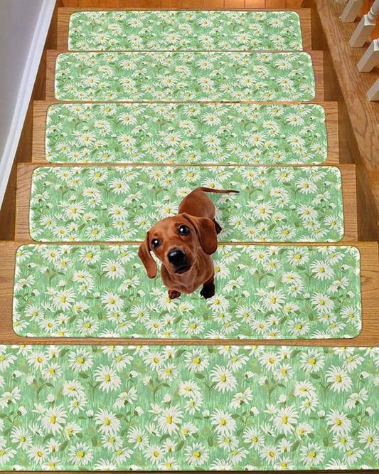 Spring Flowers Stair Treads Non Slip for Wooden Steps Watercolors White Daisy Green Field Botanical Stair Runner Carpet Reusable Adhesive Staircase Rugs for Dogs, Elders and Pets, 8x30 Inch, 10PCS