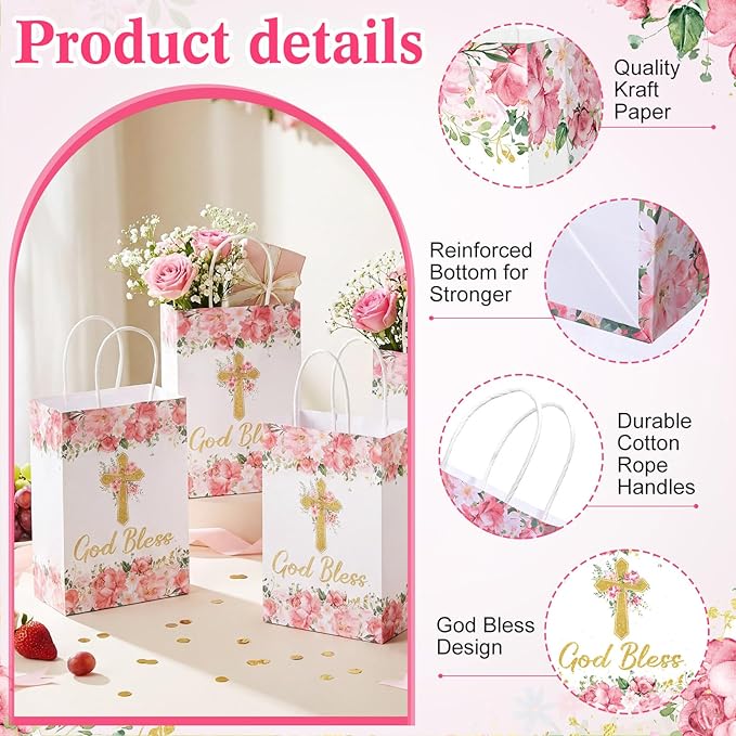 Marspark 24 Pcs Baptism Gift Bags for Guests Cross Floral Paper Gift Bags with Handles God Bless Religious Treat Paper Christian Party Supplies for First Communions Christenings Baptism Easter Wedding