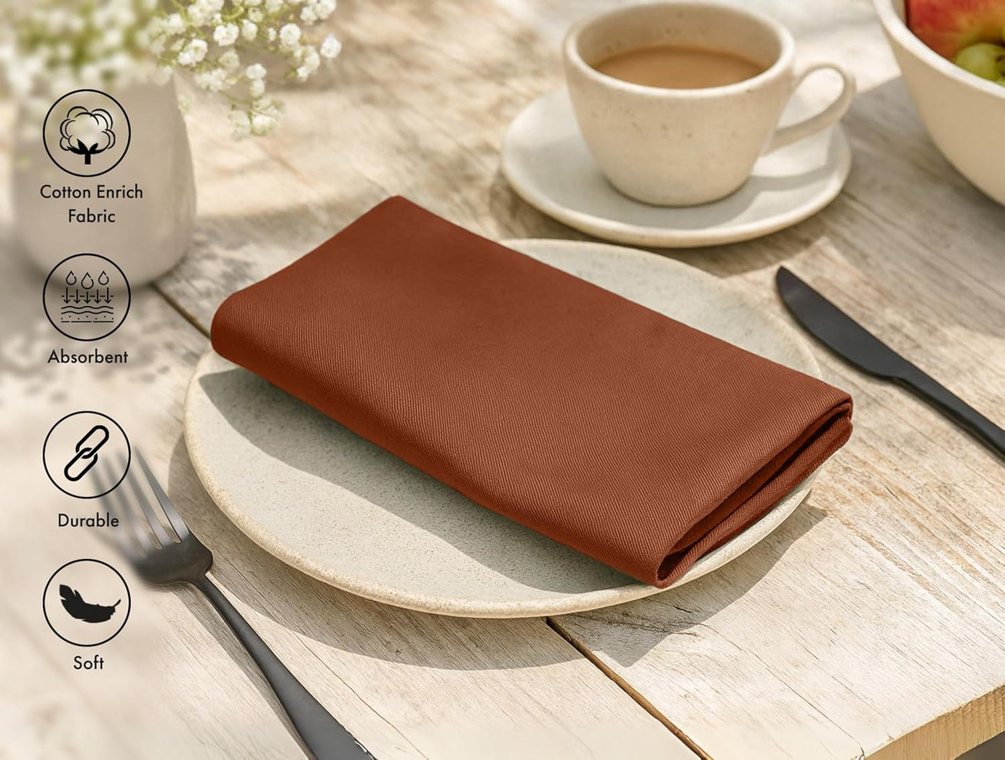 Ruvanti Cloth Napkins Set of 12, 18x18 Inch, Soft & Absorbent Cotton Enrich Dinner Napkins for Hotel, Wedding Parties, Napkins Everyday - Rust
