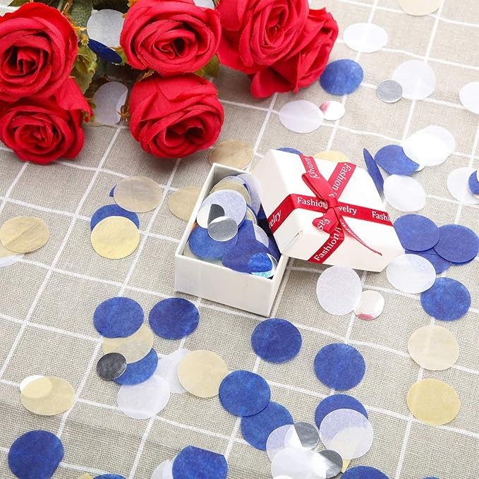 TecUnite Blue Gold Silver Confetti Round Tissue Paper Table Confetti Dots for Wedding Birthday Party Decoration Arts Craft DIY Scrapbooking, 1.76 oz (2.5 cm)
