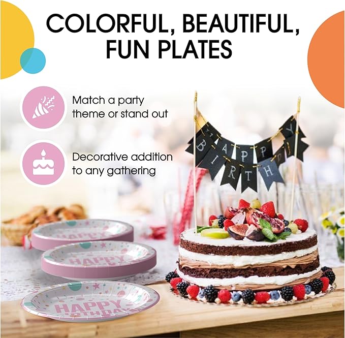 Exquisite Pink Birthday Paper Plates Disposable Heavy Duty 100 Pcs - 50-7" & 50-9" Pink Birthday Plates For Party Heavy Duty Paper Plate 350 GSM Party Supplies Plate Set