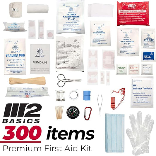 M2 BASICS Premium First Aid Kit, 300 Pieces, 40 Unique Items – First Aid Kit for Home, Car, Vehicles, Business, Travel, Outdoors, Camping, Travel Sports – Durable Bag, Emergency Medical Supplies