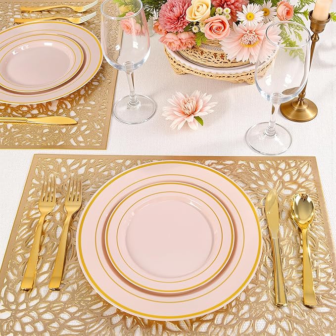 100PCS Pink Plastic Plates, 10 Inch Disposable Dinner Plate Party with Gold Rim, Heavy Duty Disposable Plastic Plates for Party, Wedding & Birthday & Valentine's Day