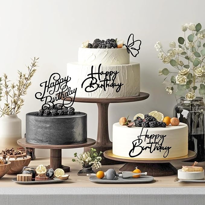 15 PCS Black Happy Birthday Cake Toppers Acrylic Mirror Inserts for Cakes Cupcakes Desserts 15 Styles
