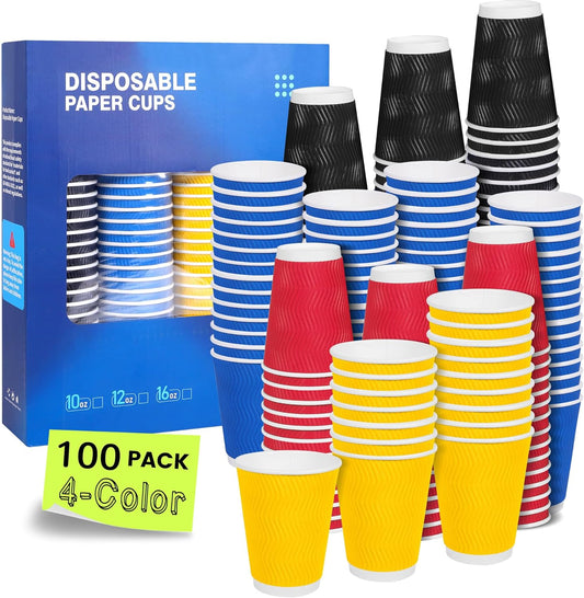 12 oz Coffee Cups 100 Pack, 4-Color Corrugated Paper Cups with Ripple Wall, Insulated for Hot & Cold Drinks, Assorted Colors (Red, Blue, Black, Yellow)
