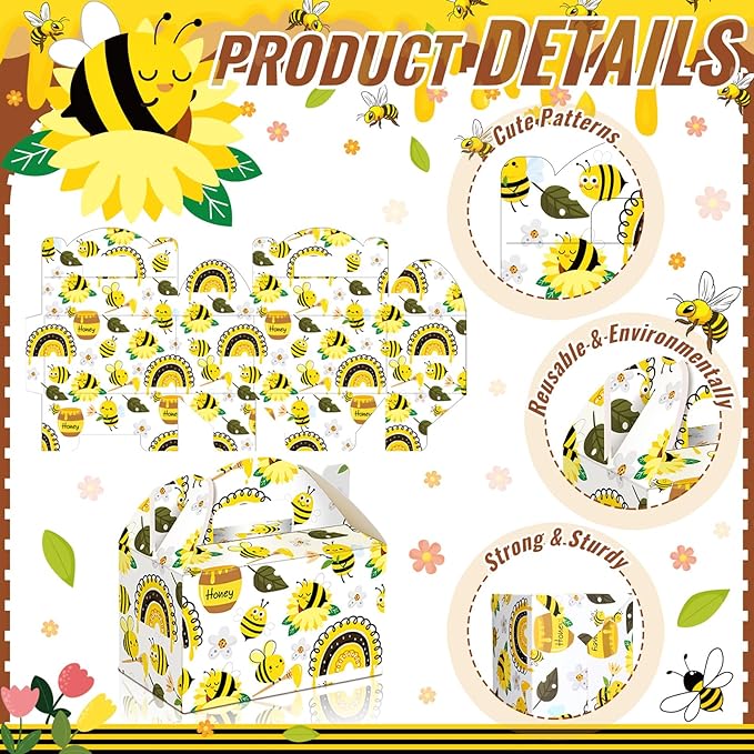 24 Pcs Bee Candy Boxes with Handles Bee Party Favors Treat Boxes Goodie Bags Candy Gift Bags for Birthday Party Baby Shower Wedding Supplies