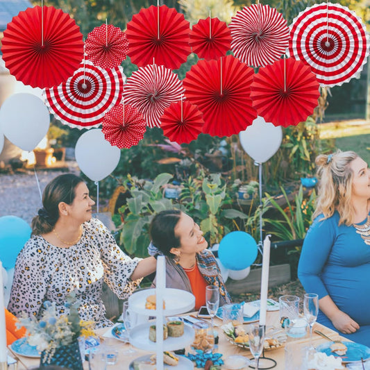 Hanging Paper Fans Set 12PCS Red Party Decorations Round Fan Wall Decor Paper Garlands Flower Decorative for Birthday Festival Party Wedding Graduation Events Accessories