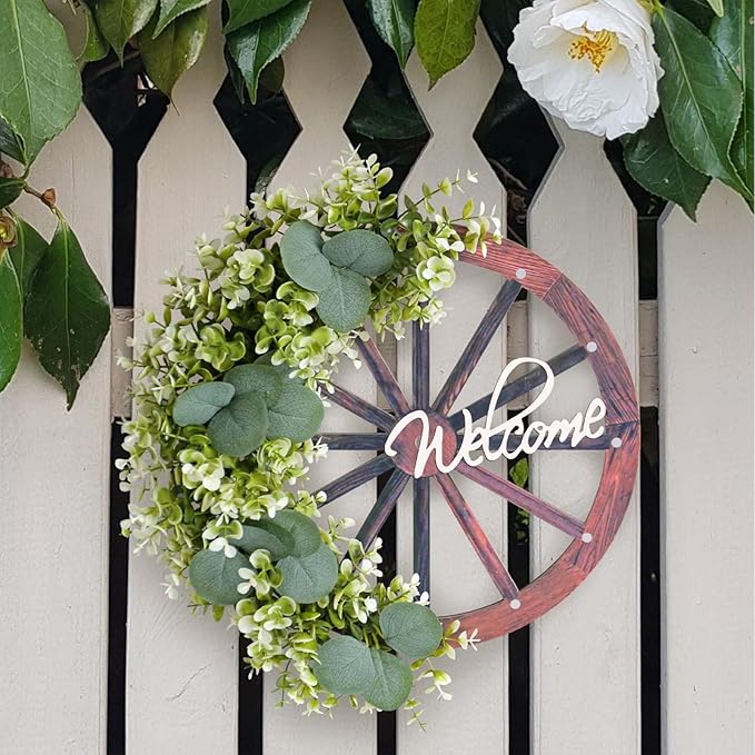 Eucalyptus Leaves Wreath,Wooden Wheel Wreath Artificial Wreath Wheel Garland Door Hanging Spring Summer Green Leaves Wreath with Welcome Sign for Farmhouse Home Indoor Outdoor Decor