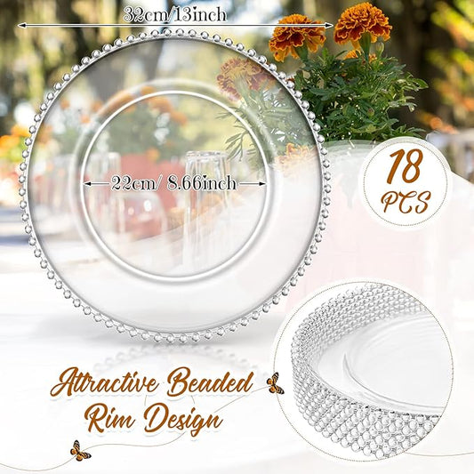 Zopeal 18 PCS Clear Charger Plates with Beaded Rim 13 Inch Plastic Round Charger Plates Bulk for Dinner Home Kitchen Wedding Party Tabletop (Clear)