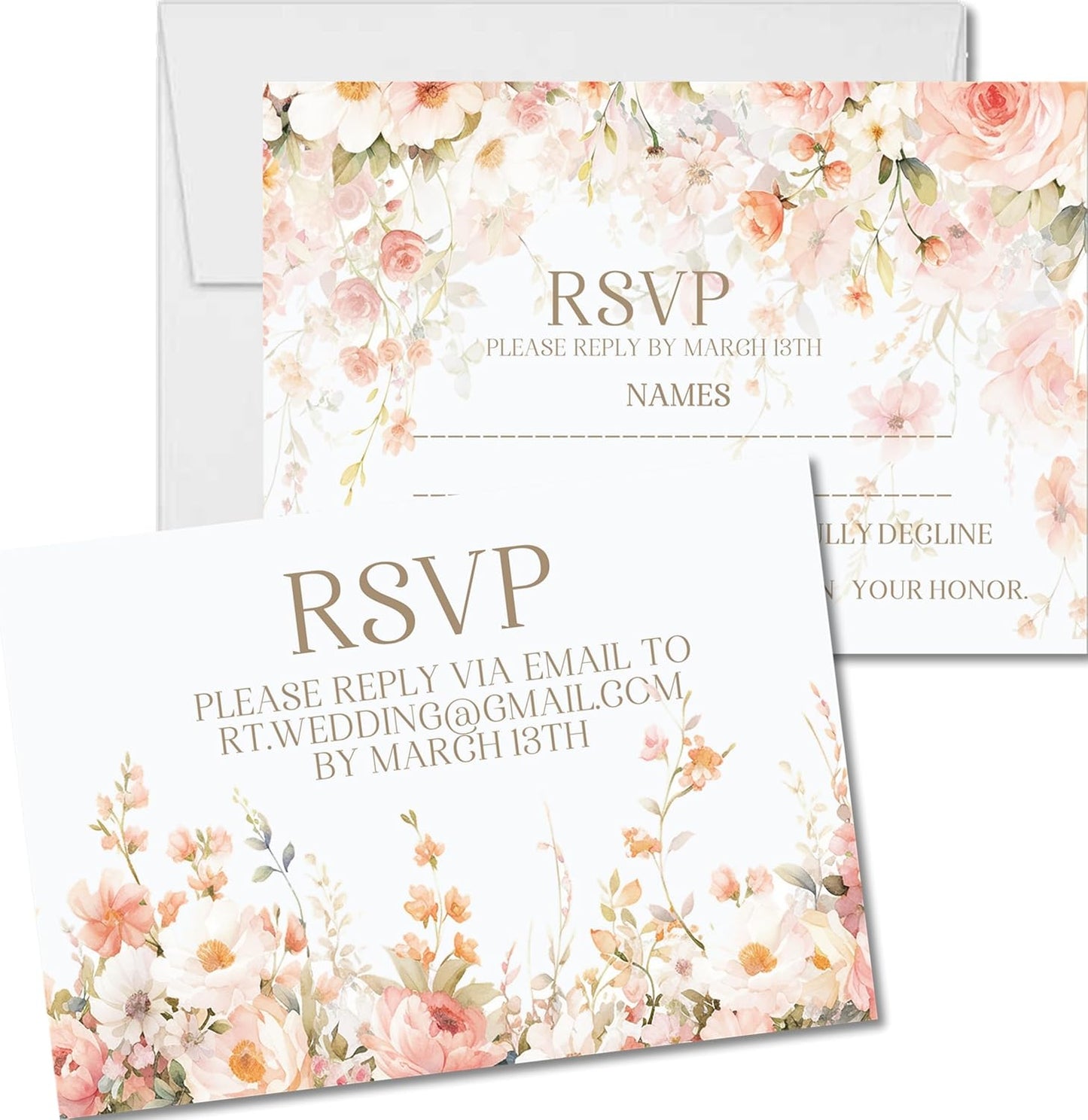 Peach & Blush Wildflower Wedding Invitations, Pastel Garden, Personalized, Set of 12 Invitations with Envelopes