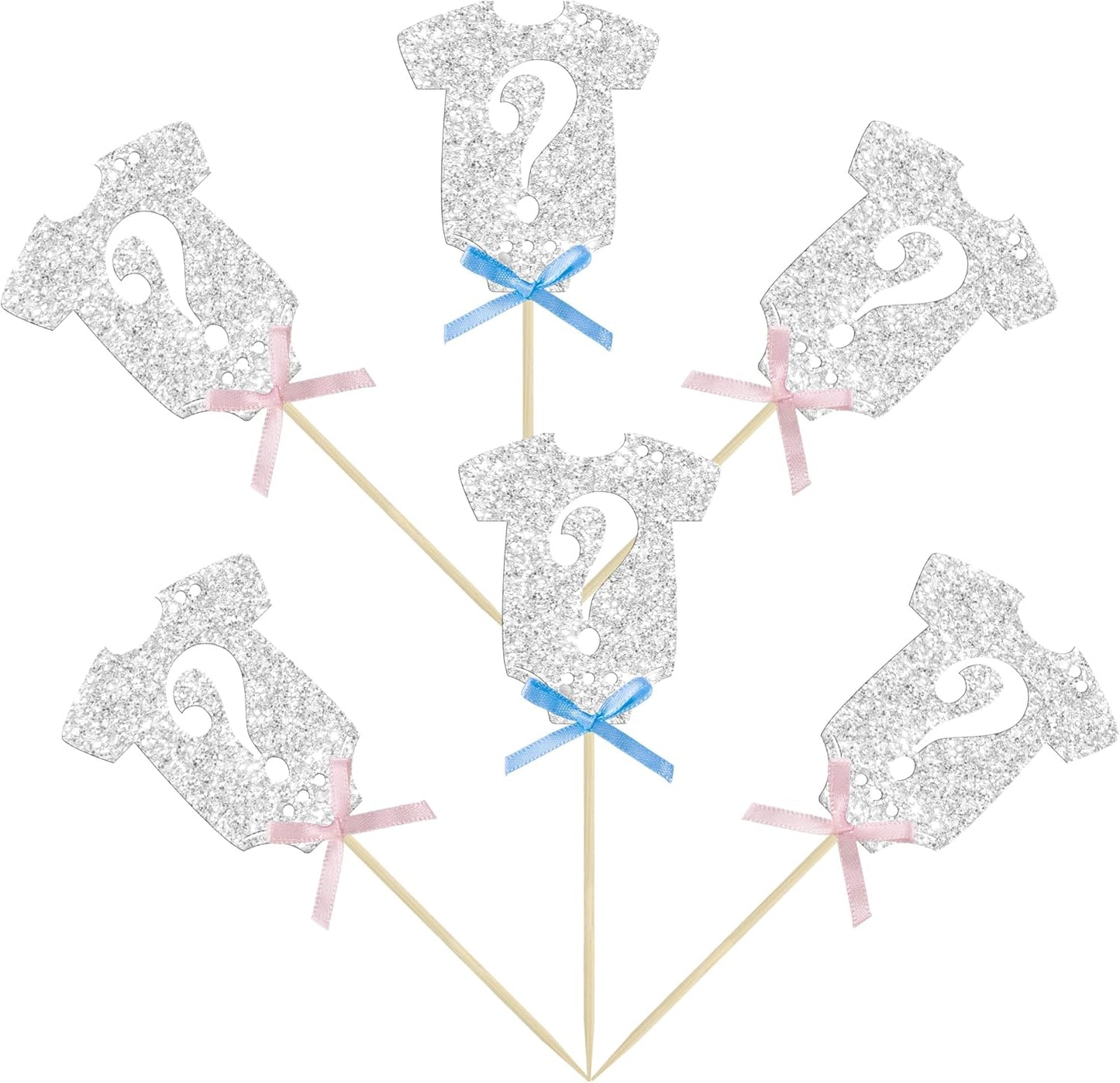 Ephlyn 24Pcs Gender Reveal Cupcake Toppers Glitter Pink Blue Bow Onesie Question Mark Boy or Girl Cake Topper Decorations for Baby Shower Theme Gender Reveal Kids Birthday Party Supplies Silver