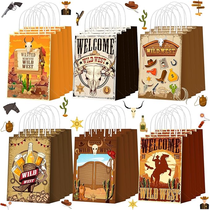 Outus 24 Pcs Cowboy Party Favor Bags Western Cowboy Goodie Candy Bags Paper Rodeo Bag Wild West Gift Treat Pouch‌ with Handles for Cowgirl Birthday Party Supplies