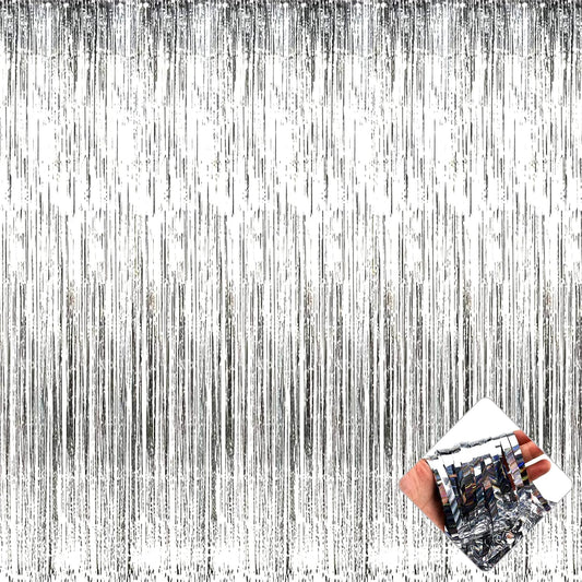 4 Pack 3.3Ft x 6.6Ft Silver Foil Fringe Curtain Backdrop, Metallic Tinsel Foil Fringe Streamers Curtains Background for Photo Booth, Birthday, Wedding, Halloween, Christmas Party Decoration