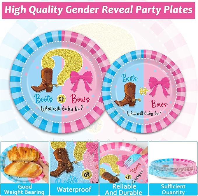 OBUSATT 96Pcs Boot or Bows Gender Reveal Party Decoration Boy or Girl Paper Plates Napkins Blue or Pink Supplies Boot or Bows Dinnerware Set Disposable Favor for Baby Shower Gender Reveal Serves 24