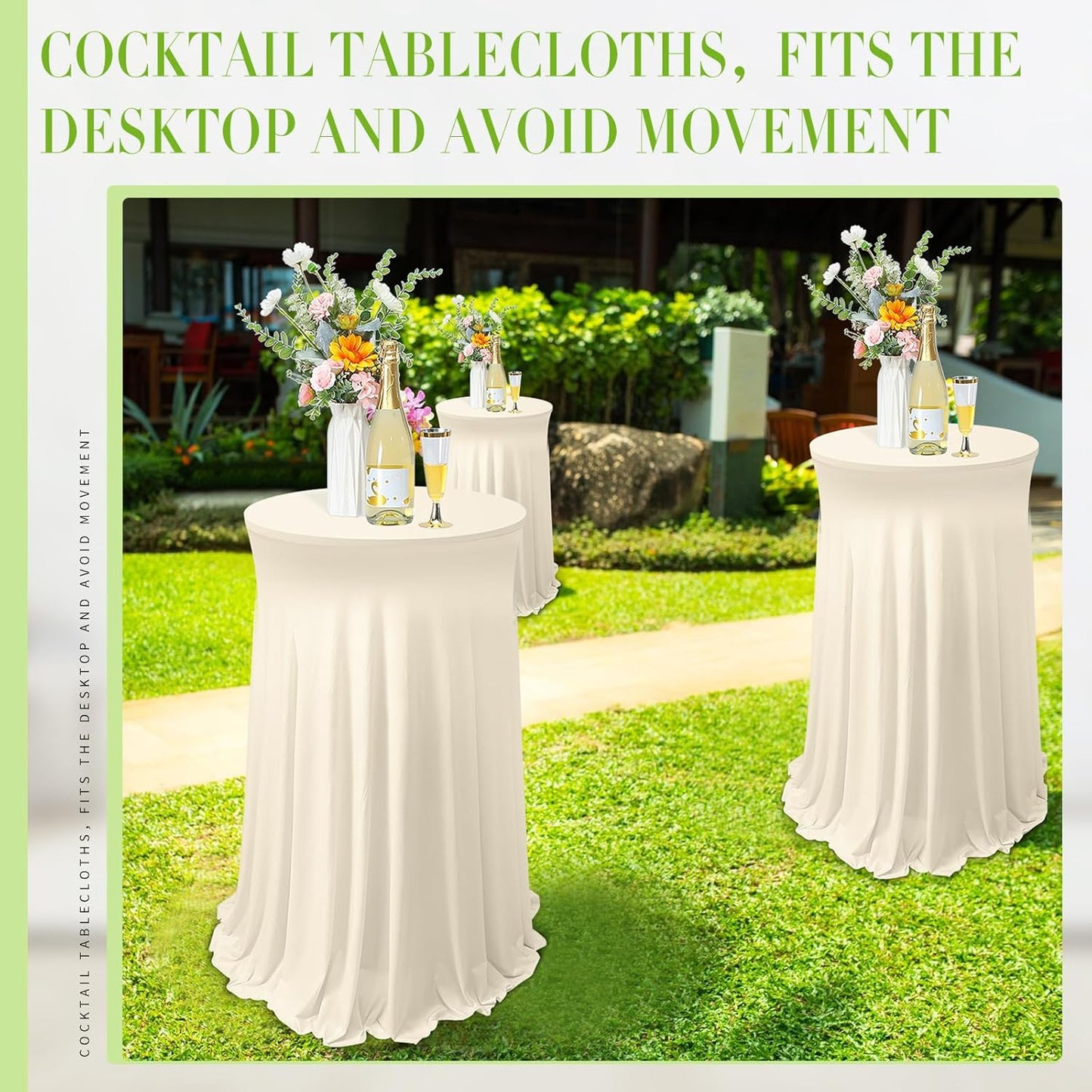 Tegeme 32 x 43 Inch Round Spandex Cocktail Tablecloths with Skirt Cocktail Round Table Cover Spandex Stretch Tablecloth for Fitted High Top Table Bar Wedding Party Banquet (Beige,1 Pack)