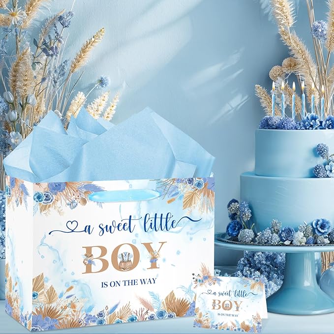Baby Shower Paper Bag, Blue Floral Sweet Baby Boy Gift Bag with Tissue Paper and Card Boho Dried Flowers Wrap Bag with Handle for Baby Shower Birthday Gender Reveal Party Favors Decorations Supplies