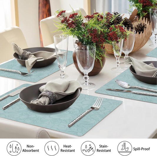 17" × 12" Faux Leather Placemats Set of 6, Ice Blue, Washable, Wipeable & Heat-Resistant Table Mats, Waterproof & Anti-Slip Dining Place Mats with Shallow Embossed Texture for Kitchen & Dining