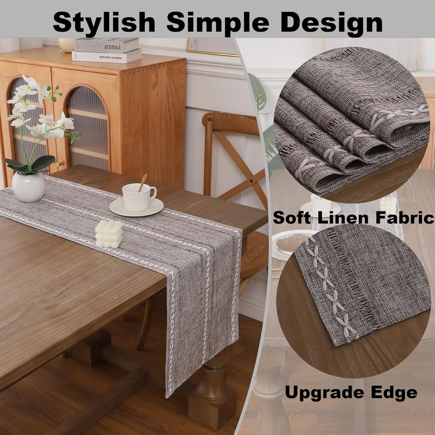 Gernaice Boho Table Runner, Rustic Embroidered Cotton Linen Farmhouse Table Runners for Dresser End Coffee Table Home Decor, 36" L X 13" W Dark Brown