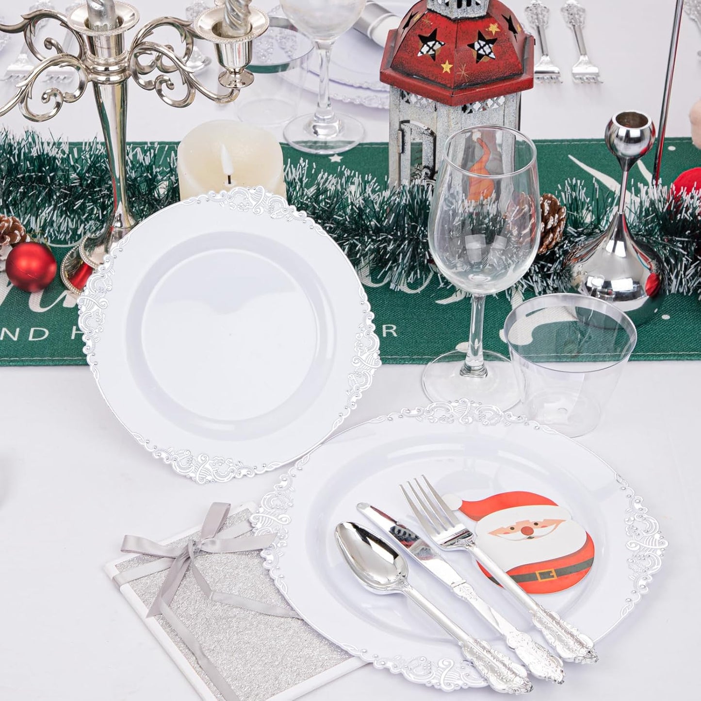 Liacere 350PCS Silver Plastic Plates&Pre Rolled Napkins for 50 Guests - Plastic Dinnerware Sets 100Silver Disposable Plates, 150Silver Silverware, 50Cups and 50Napkins for Wedding