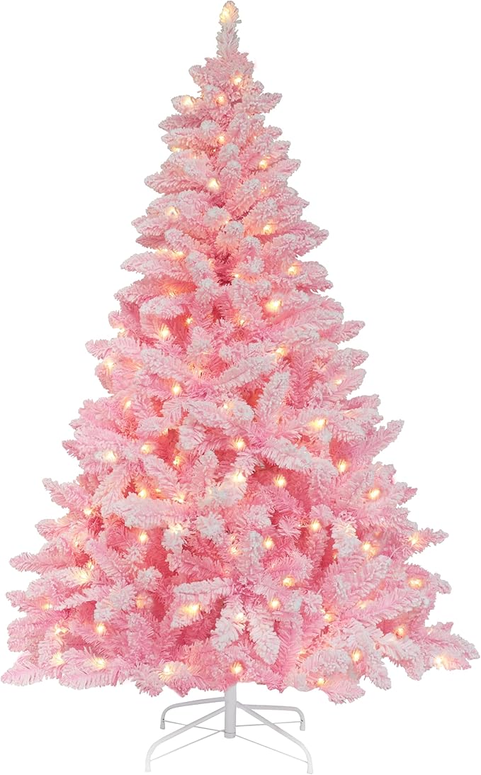MUPATER 6ft Snow Flocked Christmas Tree Pre-lit, Pink Christmas Flocked Tree with Lights, Artificial Holiday Christmas Tree with Stand for Home Decoration