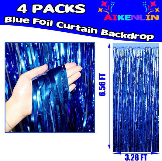 4 Pack 3.3Ft x 6.6Ft Blue Foil Fringe Curtain Backdrop, Metallic Tinsel Foil Fringe Streamers Curtains Background for Photo Booth, Birthday, Wedding, Halloween, Christmas Party Decoration
