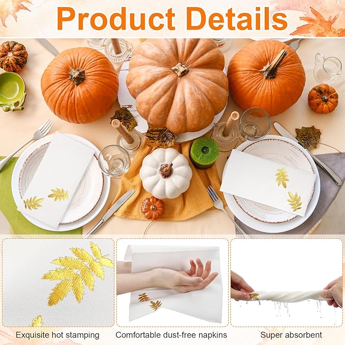 Janlaugh 100 Pcs Gold Thanksgiving Linen Disposable Bathroom Hand Towels Pumpkin Maple Leaves Foil Stamped Guest Napkins 12"x17" Paper Towels for Bathroom Home Lunch Dinner Kitchen(Leaf)