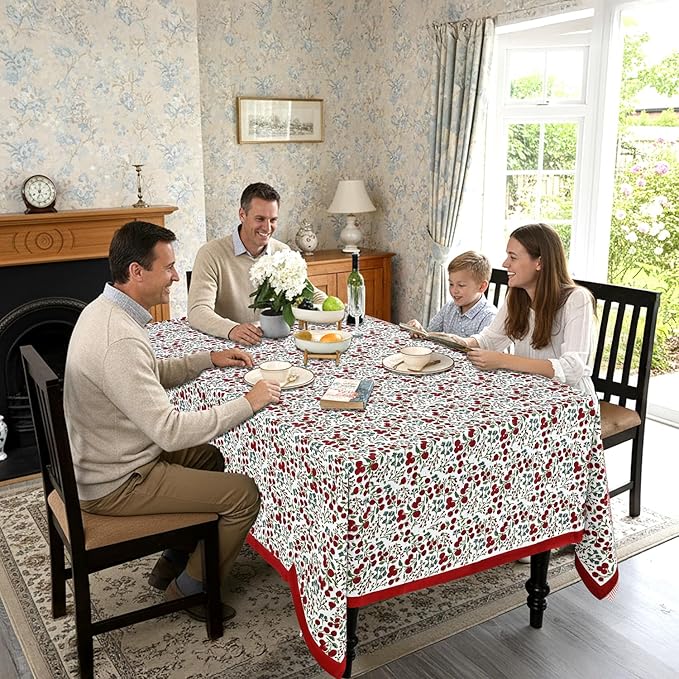 Ridhi Hand Block Print Garnet Red Rectangle Cotton Tablecloth 190" x 72" Reusable Table Cover Decorative Everyday Use for Dining, Farmhouse, Home Gift for Spring, Easter, Valentine