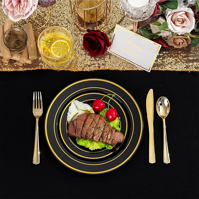 100PCS Black Plastic Plates, 10 Inch Disposable Dinner Plate Party with Gold Rim, Heavy Duty Disposable Plastic Plates for Party, Wedding and Birthday
