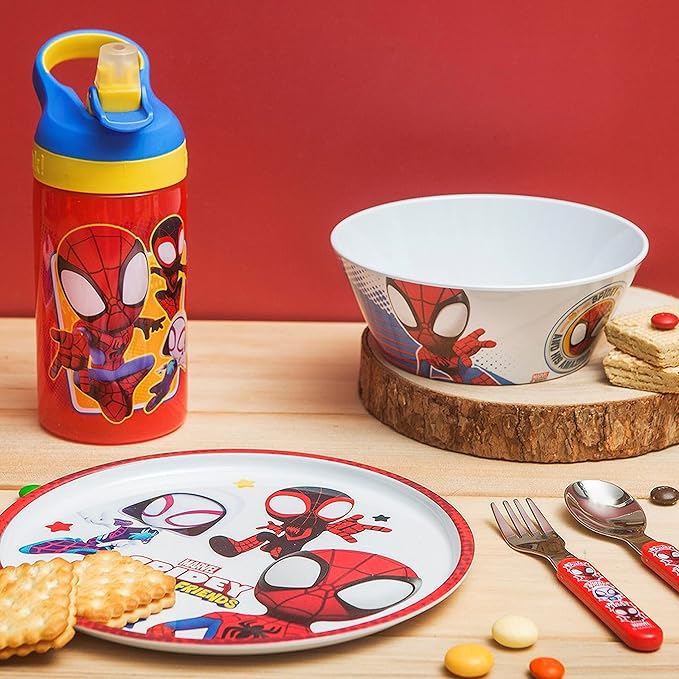 Zak Designs 5-Piece Dinnerware Set, Marvel Spidey and His Amazing Friends - Durable Plastic & Stainless Steel - Includes Water Bottle, Plate, Bowl, Fork & Spoon - Suitable for Kids Ages 3+