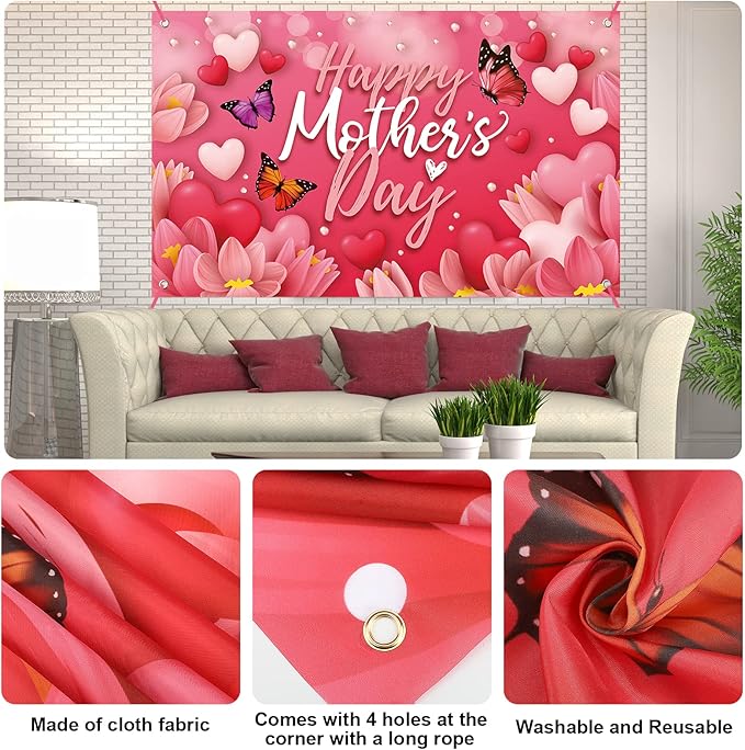 Large Happy Mother's Day Banner Decorations Mothers Day Flag Outdoor 71x44 Inch,Mom Gifts for Indoor Home House Decor Party Supplies,Yard Sign Background for Photography, Red Pink Heart Flowers