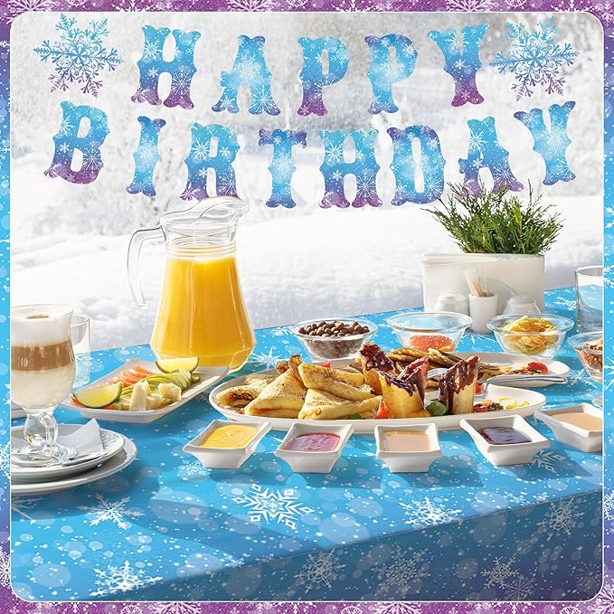 Winter Snowflake Paper Plates and Napkins Set, 194 Pcs Frozen Birthday Decorations Party Supplies, Winter Wonderland Disposable Tableware Includes Tablecloths, Banner, Cups and Cutlery, Serves 24