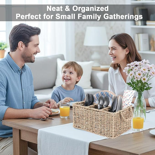 Wicker Party Silverware Caddy, Seagrass Plastic Cutlery Utensil Holder, Hand Woven with Handles, Kitchen Countertop and Picnic flatware Organizer (4 compartments)