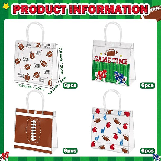 H1vojoxo Football Party Gift Bags - 24pcs Football Clear PVC Gift Bags with Handles Reusable Rugby Sports Goodie Bag for kids Rugby Tote Bag for Snack Large Candy Treat Ball Themed Party Favor