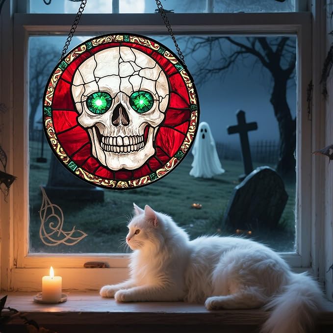 Stained Glass Window Hanging - Halloween Decorations Vampire Skeleton Suncatcher for Doors Garden Indoor Spooky Funny Sun Catchers Gothic Decor Horror Gifts for Women Men Friend 9.8 in