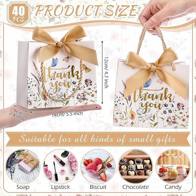 Moinchore 40 Pack Wildflower Thank You Gift Bags with Handles Small Thank You Party Favor Bags with Bow Wedding Welcome Tote for wedding Holiday Bridal Shower Party(Vintage Gold Flowers)
