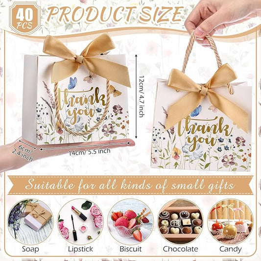 Moinchore 40 Pack Wildflower Thank You Gift Bags with Handles Small Thank You Party Favor Bags with Bow Wedding Welcome Tote for wedding Holiday Bridal Shower Party(Vintage Gold Flowers)