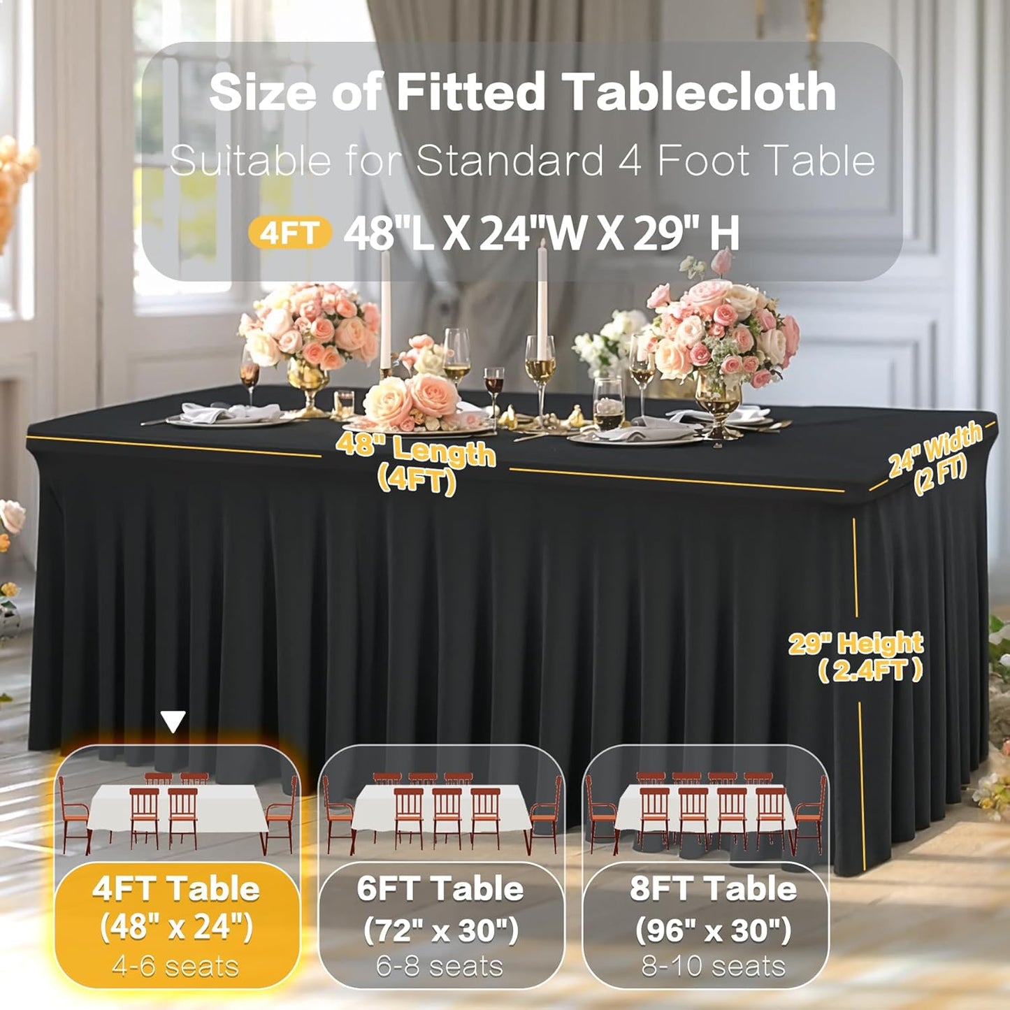 2 Packs Black Spandex Clothes for 4 Foot Rectangle Table, Stretch Covers 4FT Skirts for Event, Wedding, Banquet & Parties - Wrinkle Free Fitted